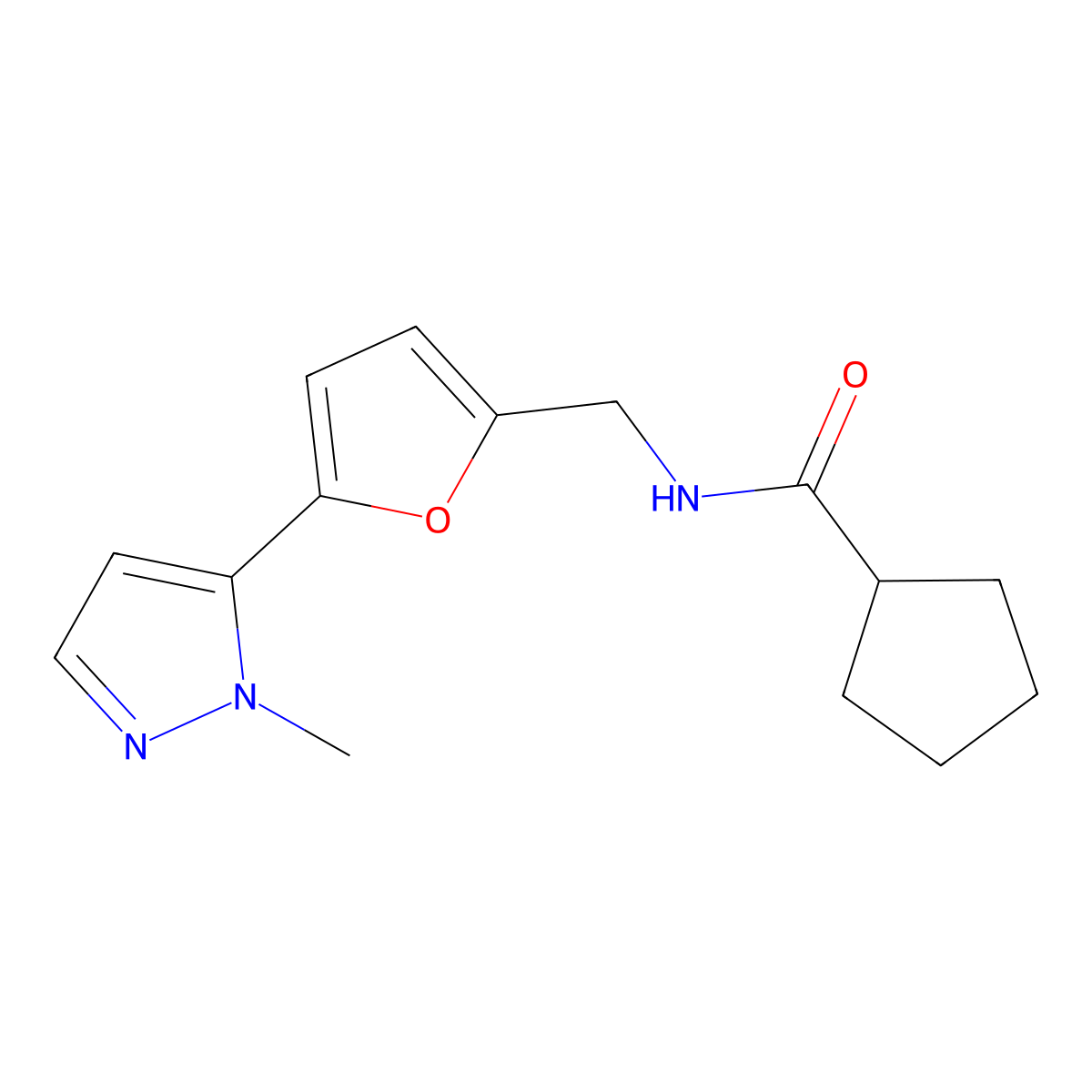N-{[5-(1-methyl-1H-pyrazol-5-yl)furan-2-yl]methyl}cyclopentanecarboxamide molecular structure, CAS 2415539-69-2
