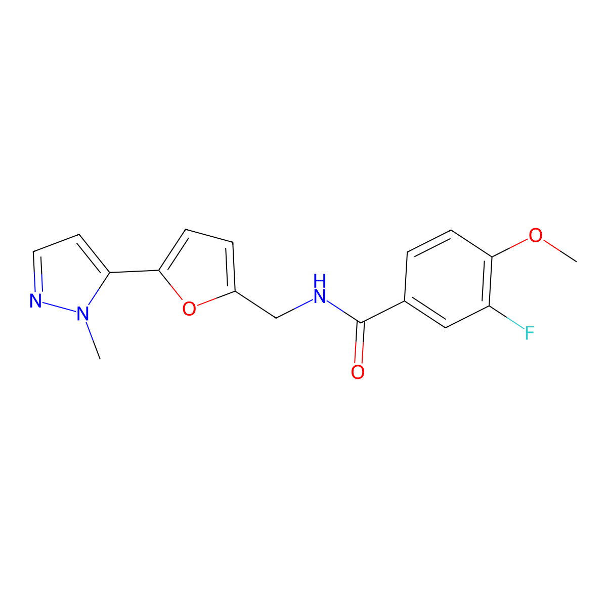 3-fluoro-4-methoxy-N-{[5-(1-methyl-1H-pyrazol-5-yl)furan-2-yl]methyl}benzamide molecular structure, CAS 2415539-73-8