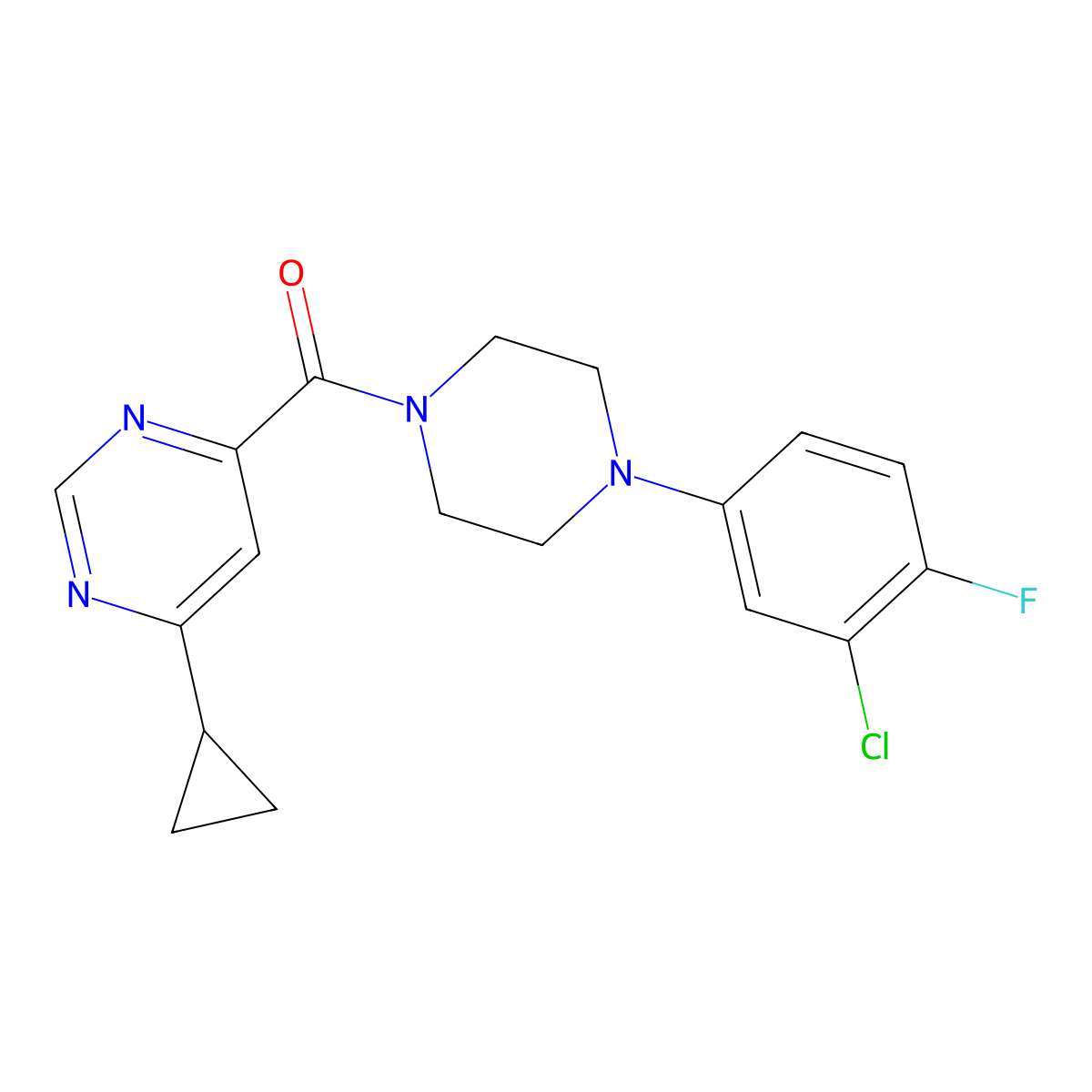 4-[4-(3-Chloro-4-fluorophenyl)piperazine-1-carbonyl]-6-cyclopropylpyrimidine molecular structure, CAS 2415539-75-0