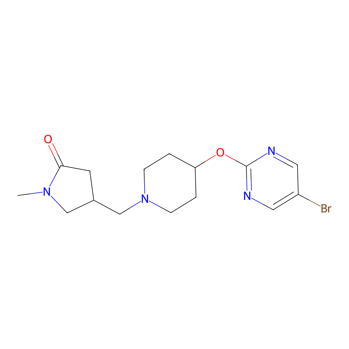 4-({4-[(5-Bromopyrimidin-2-yl)oxy]piperidin-1-yl}methyl)-1-methylpyrrolidin-2-one molecular structure, CAS 2415539-80-7