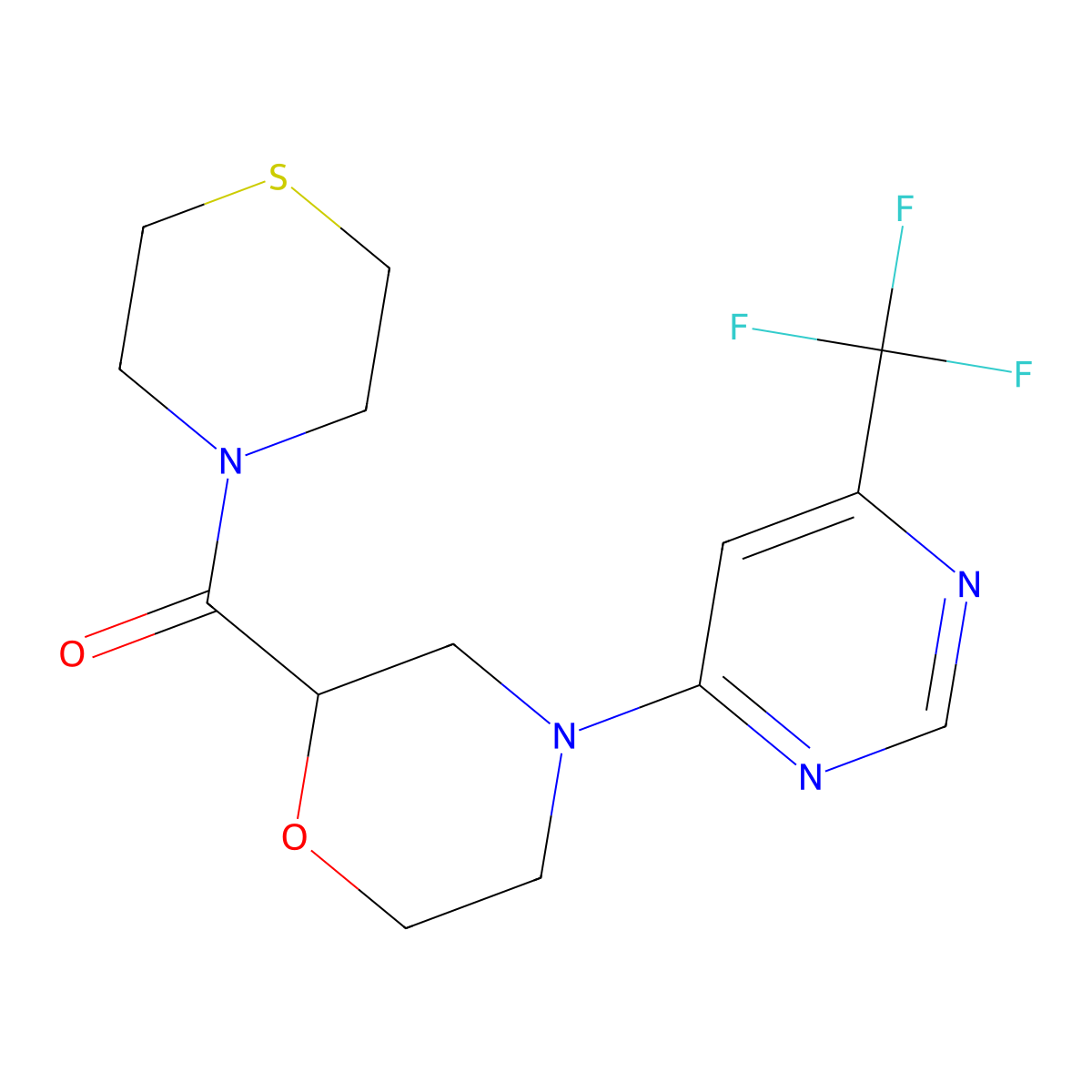 2-(Thiomorpholine-4-carbonyl)-4-[6-(trifluoromethyl)pyrimidin-4-yl]morpholine molecular structure, CAS 2415539-89-6