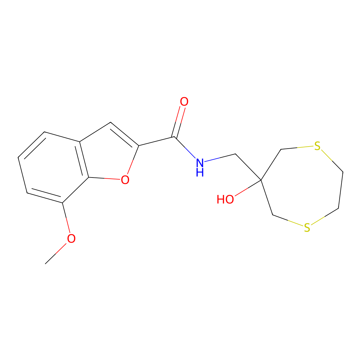 N-[(6-Hydroxy-1,4-dithiepan-6-yl)methyl]-7-methoxy-1-benzofuran-2-carboxamide molecular structure, CAS 2415539-91-0