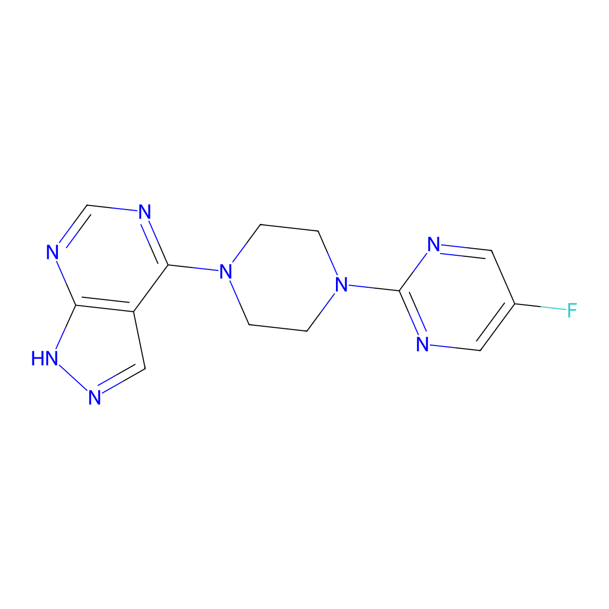 5-fluoro-2-(4-{1H-pyrazolo[3,4-d]pyrimidin-4-yl}piperazin-1-yl)pyrimidine molecular structure, CAS 2415539-97-6