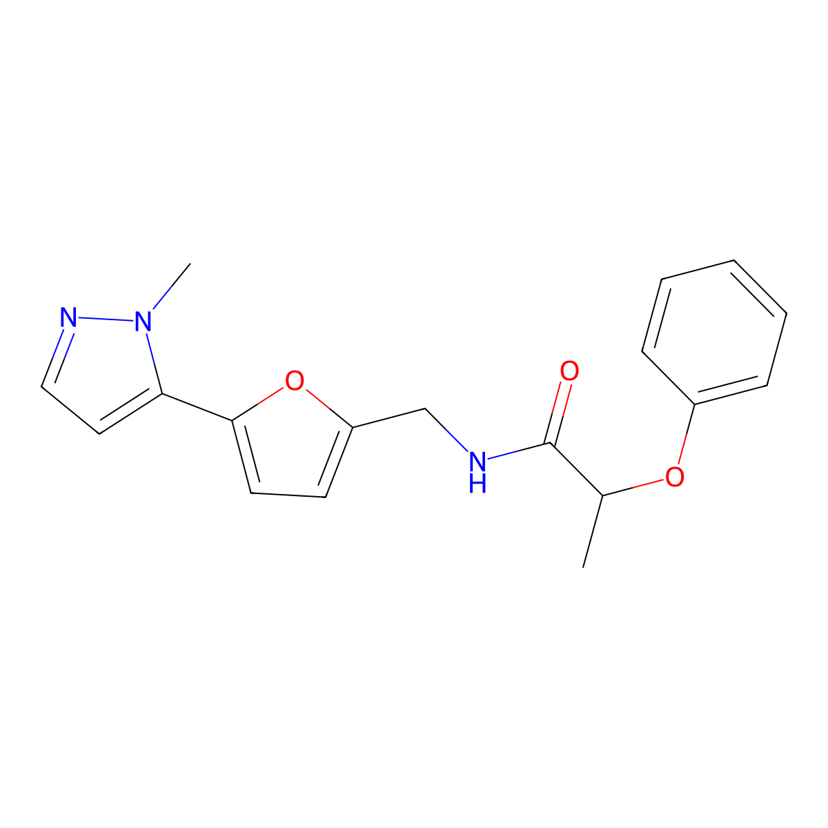 N-{[5-(1-methyl-1H-pyrazol-5-yl)furan-2-yl]methyl}-2-phenoxypropanamide molecular structure, CAS 2415539-99-8