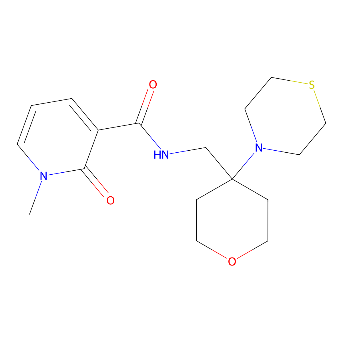 1-methyl-2-oxo-N-{[4-(thiomorpholin-4-yl)oxan-4-yl]methyl}-1,2-dihydropyridine-3-carboxamide molecular structure, CAS 2415540-01-9
