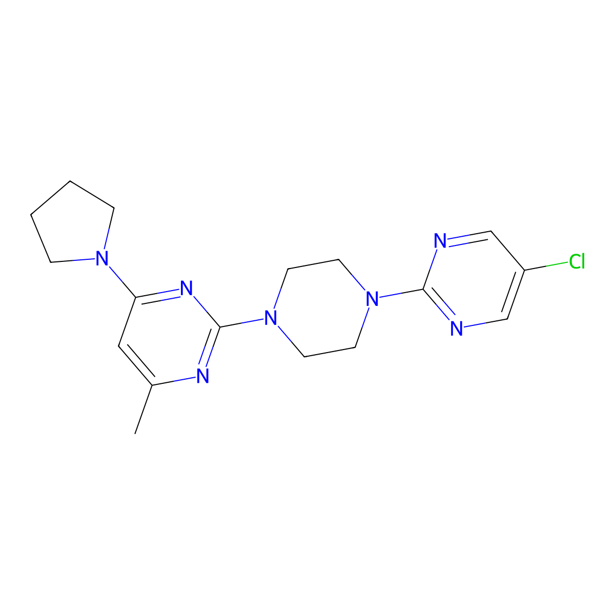 2-[4-(5-Chloropyrimidin-2-yl)piperazin-1-yl]-4-methyl-6-(pyrrolidin-1-yl)pyrimidine molecular structure, CAS 2415540-10-0