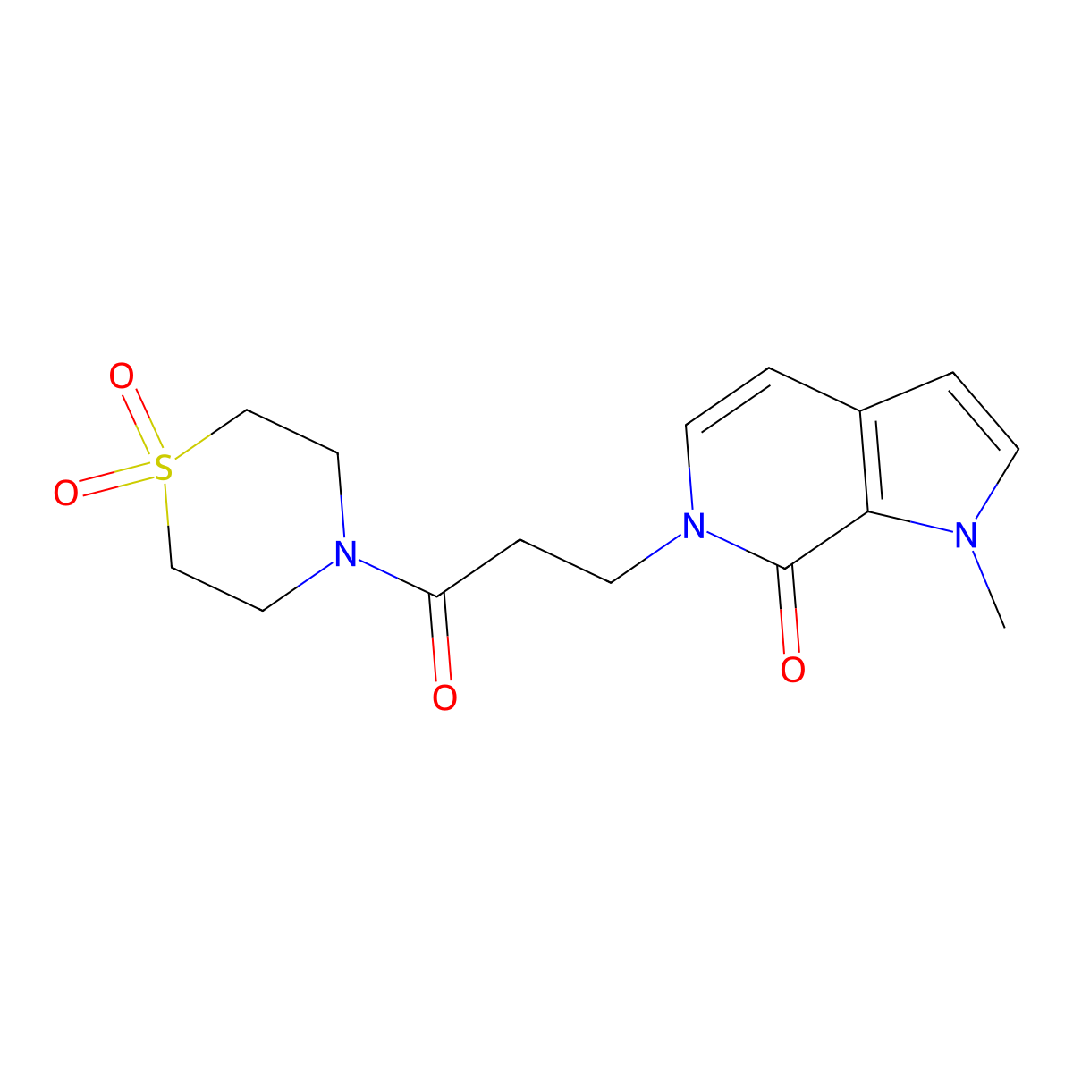 4-(3-{1-methyl-7-oxo-1H,6H,7H-pyrrolo[2,3-c]pyridin-6-yl}propanoyl)-1lambda6-thiomorpholine-1,1-dione molecular structure, CAS 2415540-15-5