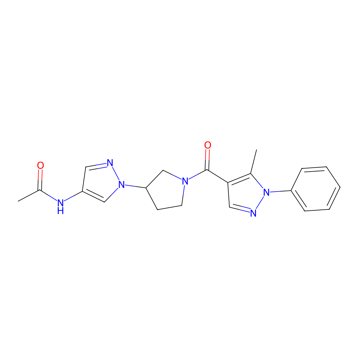 N-{1-[1-(5-methyl-1-phenyl-1H-pyrazole-4-carbonyl)pyrrolidin-3-yl]-1H-pyrazol-4-yl}acetamide molecular structure, CAS 2415540-16-6