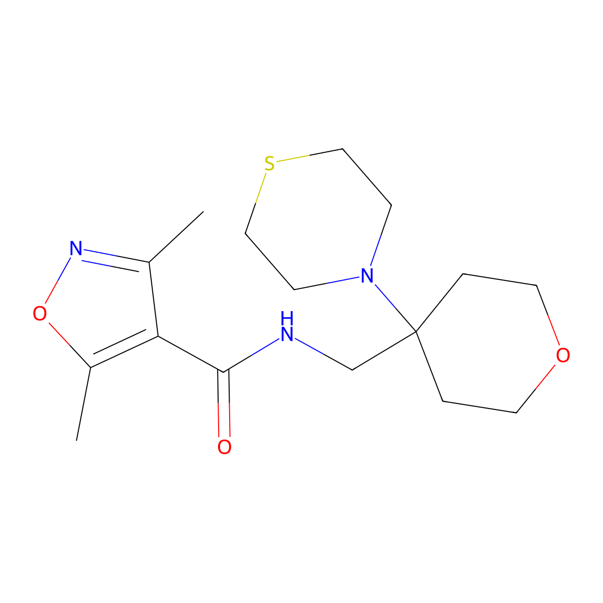3,5-dimethyl-N-{[4-(thiomorpholin-4-yl)oxan-4-yl]methyl}-1,2-oxazole-4-carboxamide molecular structure, CAS 2415540-17-7