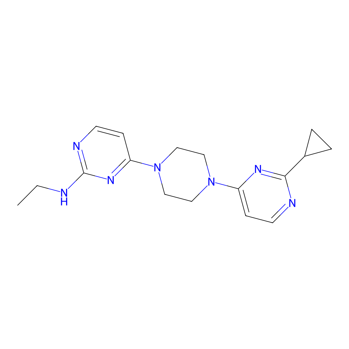 4-[4-(2-Cyclopropylpyrimidin-4-yl)piperazin-1-yl]-N-ethylpyrimidin-2-amine molecular structure, CAS 2415540-18-8
