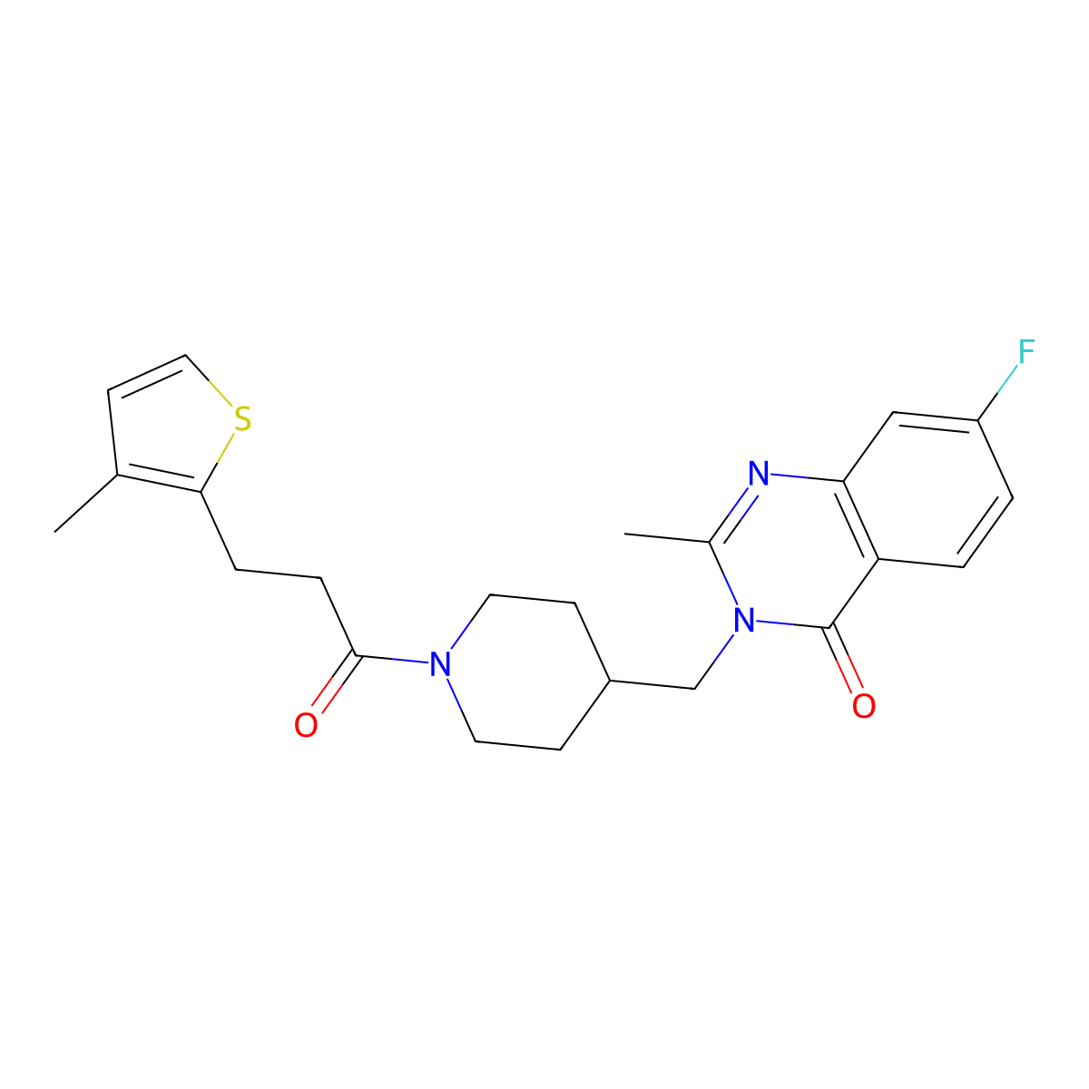 7-Fluoro-2-methyl-3-({1-[3-(3-methylthiophen-2-yl)propanoyl]piperidin-4-yl}methyl)-3,4-dihydroquinazolin-4-one molecular structure, CAS 2415540-21-3