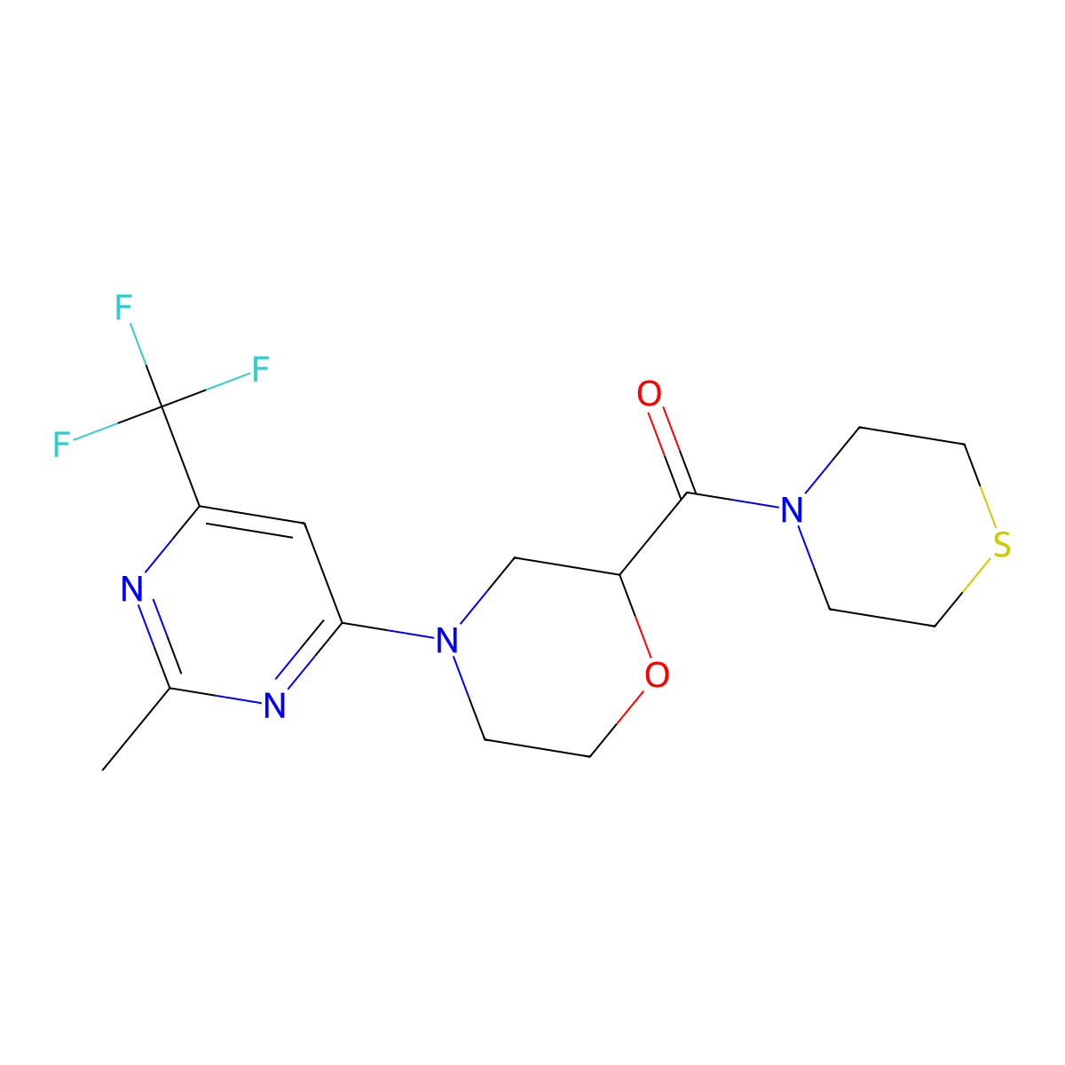 4-[2-Methyl-6-(trifluoromethyl)pyrimidin-4-yl]-2-(thiomorpholine-4-carbonyl)morpholine molecular structure, CAS 2415540-29-1