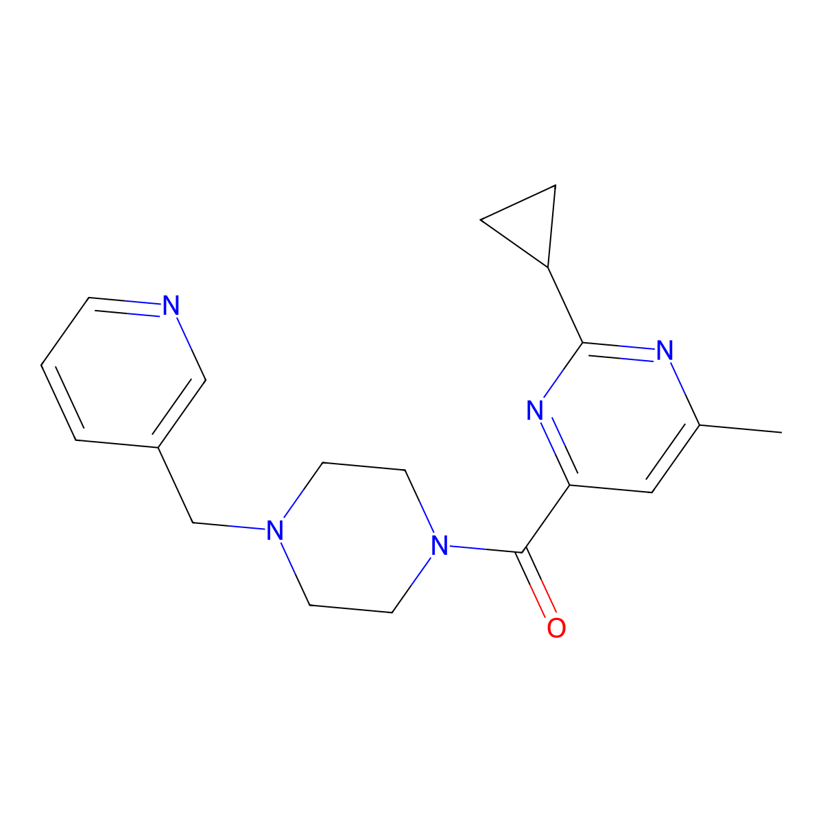 2-Cyclopropyl-4-methyl-6-{4-[(pyridin-3-yl)methyl]piperazine-1-carbonyl}pyrimidine molecular structure, CAS 2415540-31-5