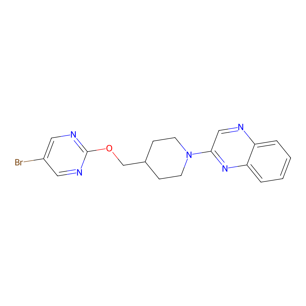 2-(4-{[(5-Bromopyrimidin-2-yl)oxy]methyl}piperidin-1-yl)quinoxaline molecular structure, CAS 2415540-35-9