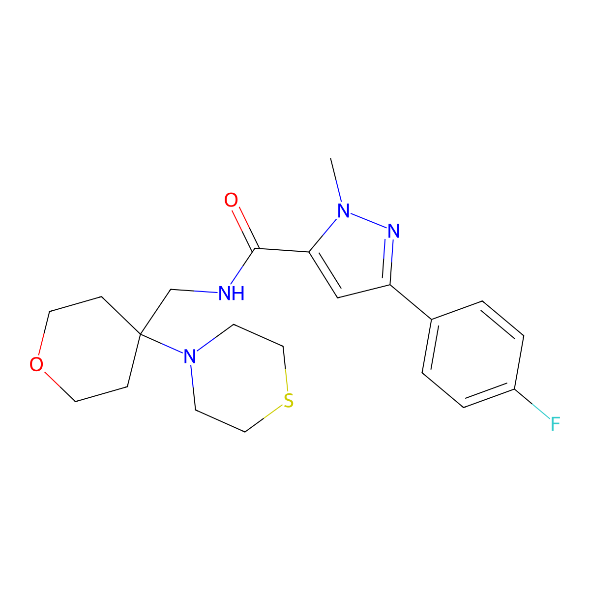 3-(4-fluorophenyl)-1-methyl-N-{[4-(thiomorpholin-4-yl)oxan-4-yl]methyl}-1H-pyrazole-5-carboxamide molecular structure, CAS 2415540-38-2