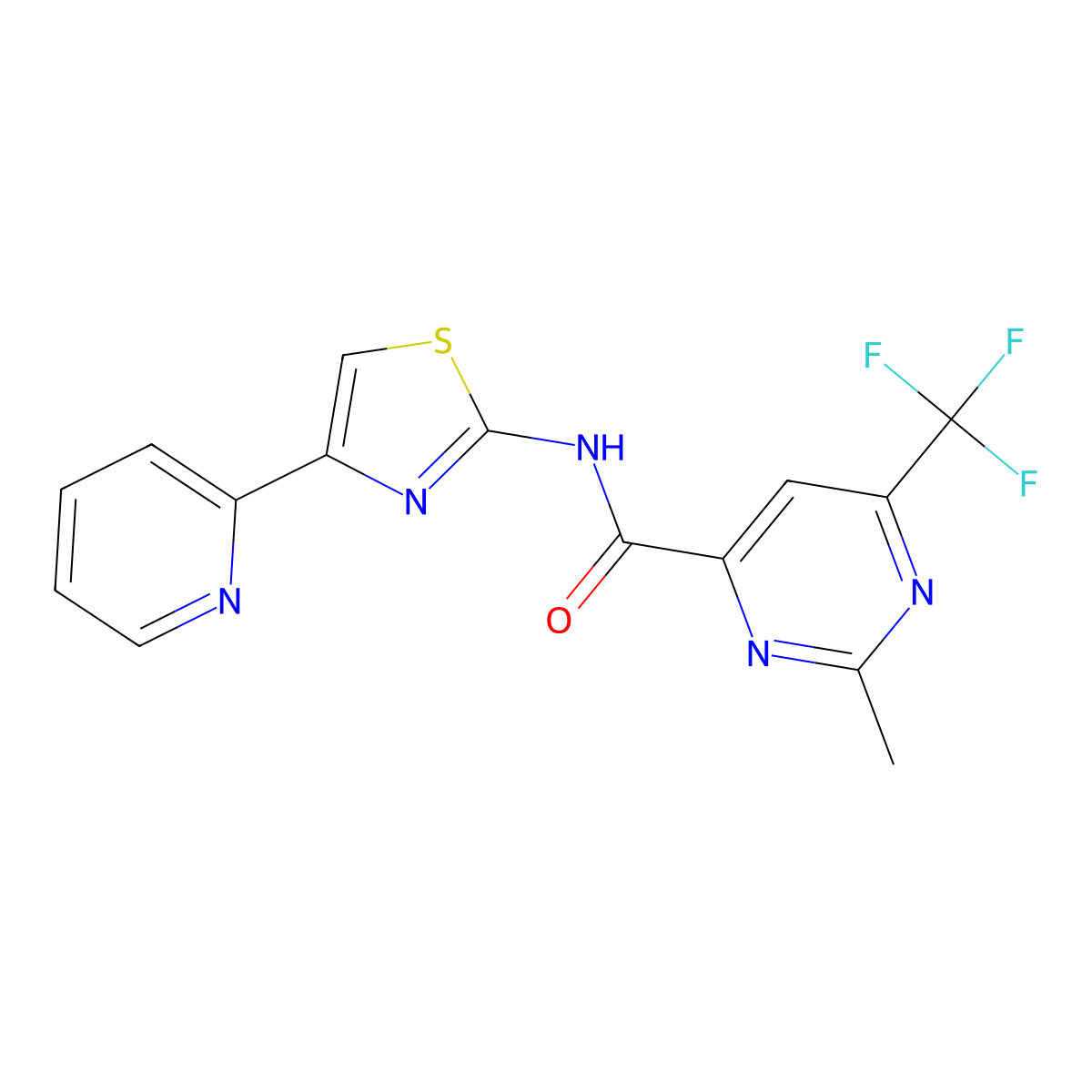 2-methyl-N-[4-(pyridin-2-yl)-1,3-thiazol-2-yl]-6-(trifluoromethyl)pyrimidine-4-carboxamide molecular structure, CAS 2415540-41-7
