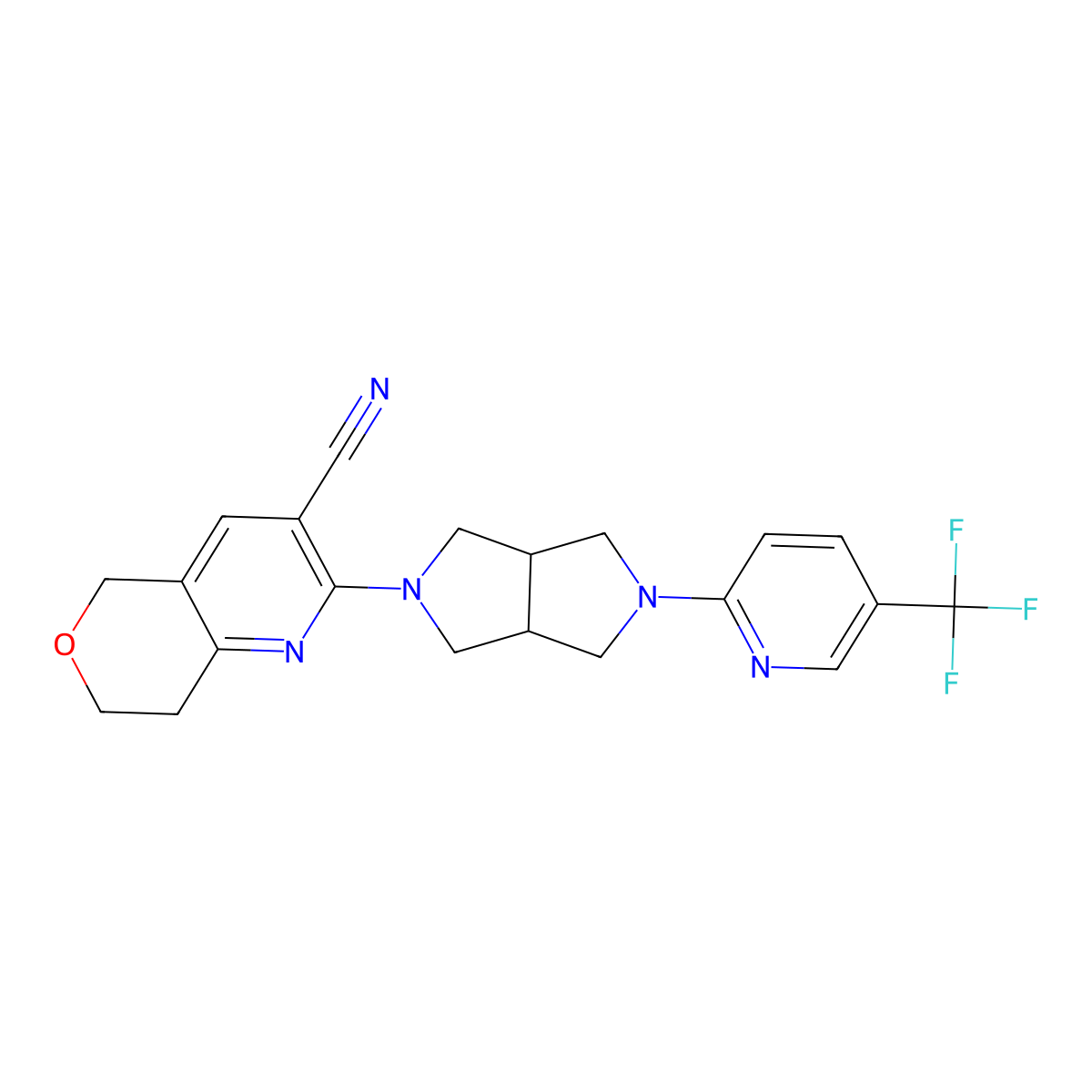 2-{5-[5-(trifluoromethyl)pyridin-2-yl]-octahydropyrrolo[3,4-c]pyrrol-2-yl}-5H,7H,8H-pyrano[4,3-b]pyridine-3-carbonitrile molecular structure, CAS 2415540-48-4