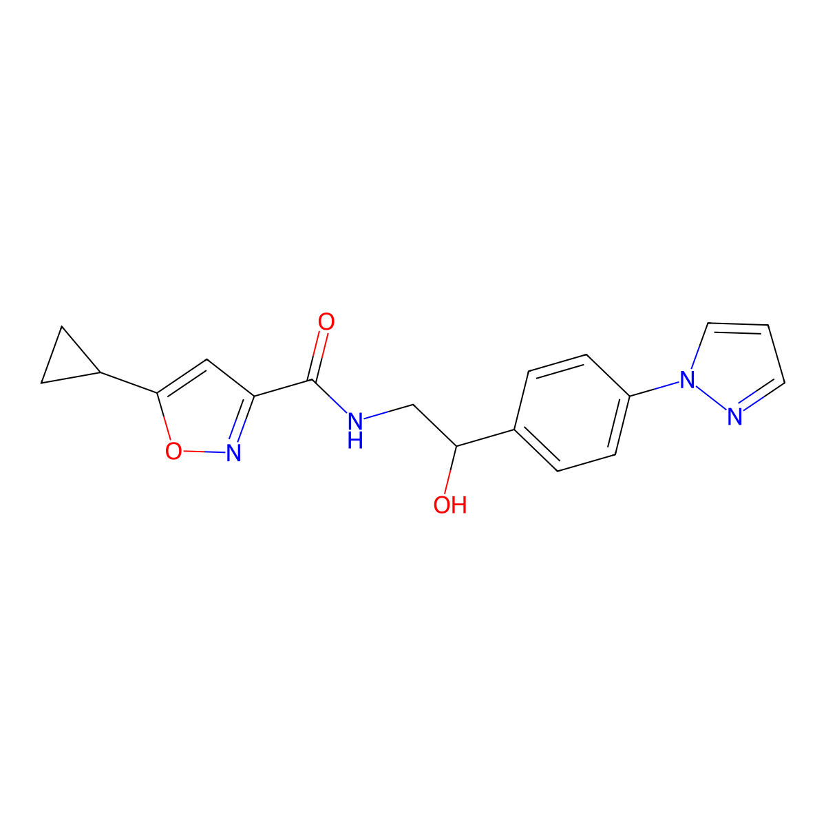 5-cyclopropyl-N-{2-hydroxy-2-[4-(1H-pyrazol-1-yl)phenyl]ethyl}-1,2-oxazole-3-carboxamide molecular structure, CAS 2415540-51-9