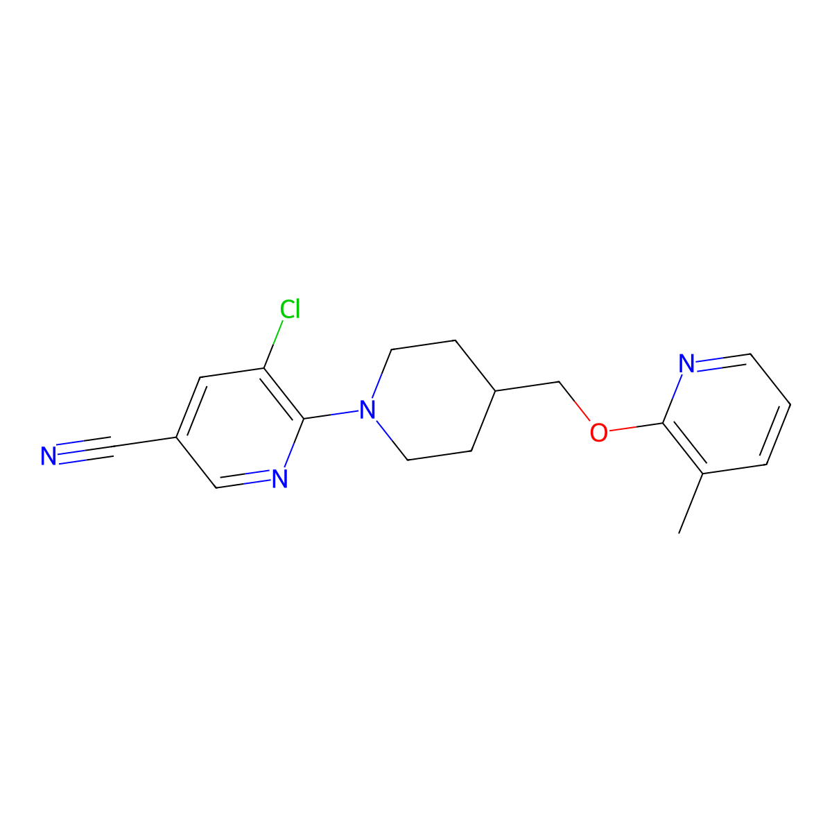 5-Chloro-6-(4-{[(3-methylpyridin-2-yl)oxy]methyl}piperidin-1-yl)pyridine-3-carbonitrile molecular structure, CAS 2415540-53-1