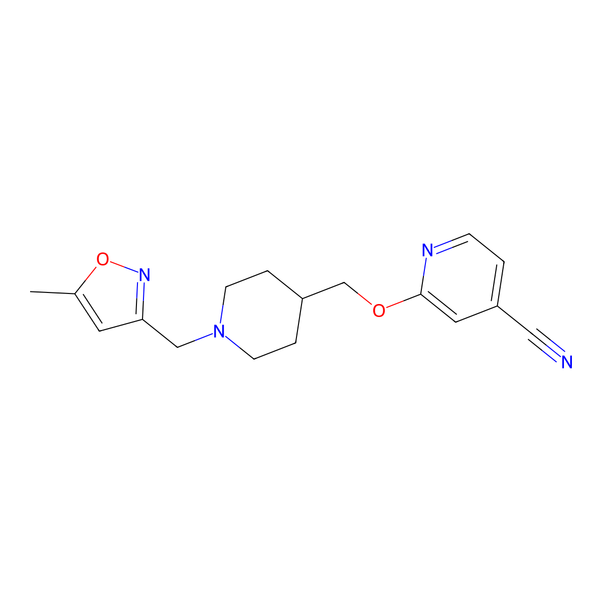 2-({1-[(5-Methyl-1,2-oxazol-3-yl)methyl]piperidin-4-yl}methoxy)pyridine-4-carbonitrile molecular structure, CAS 2415540-66-6