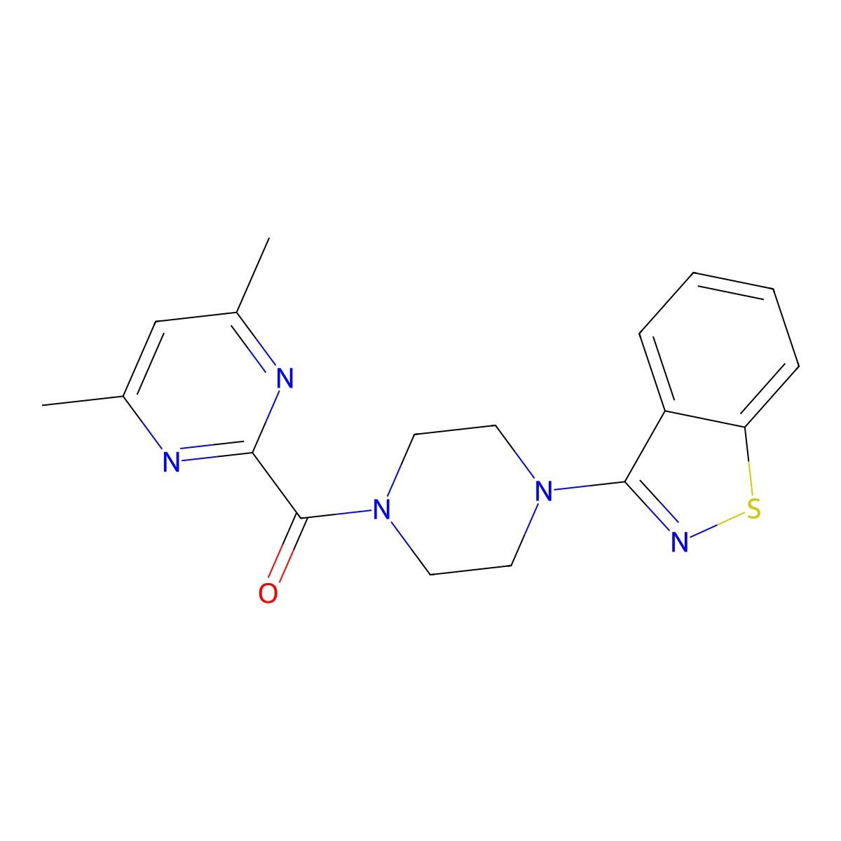 3-[4-(4,6-Dimethylpyrimidine-2-carbonyl)piperazin-1-yl]-1,2-benzothiazole molecular structure, CAS 2415540-72-4