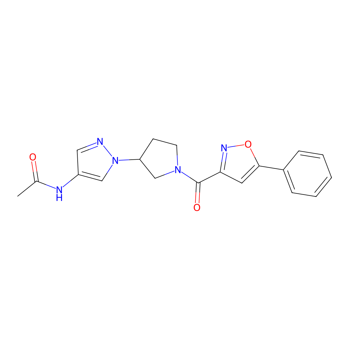 N-{1-[1-(5-phenyl-1,2-oxazole-3-carbonyl)pyrrolidin-3-yl]-1H-pyrazol-4-yl}acetamide molecular structure, CAS 2415540-81-5