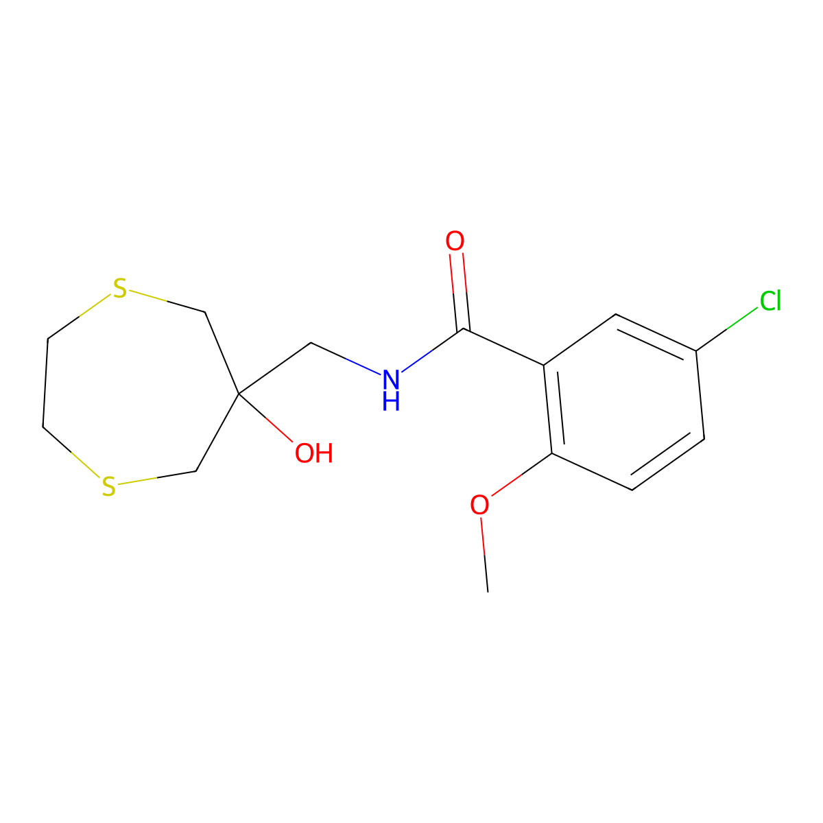 5-Chloro-N-[(6-hydroxy-1,4-dithiepan-6-yl)methyl]-2-methoxybenzamide molecular structure, CAS 2415540-82-6
