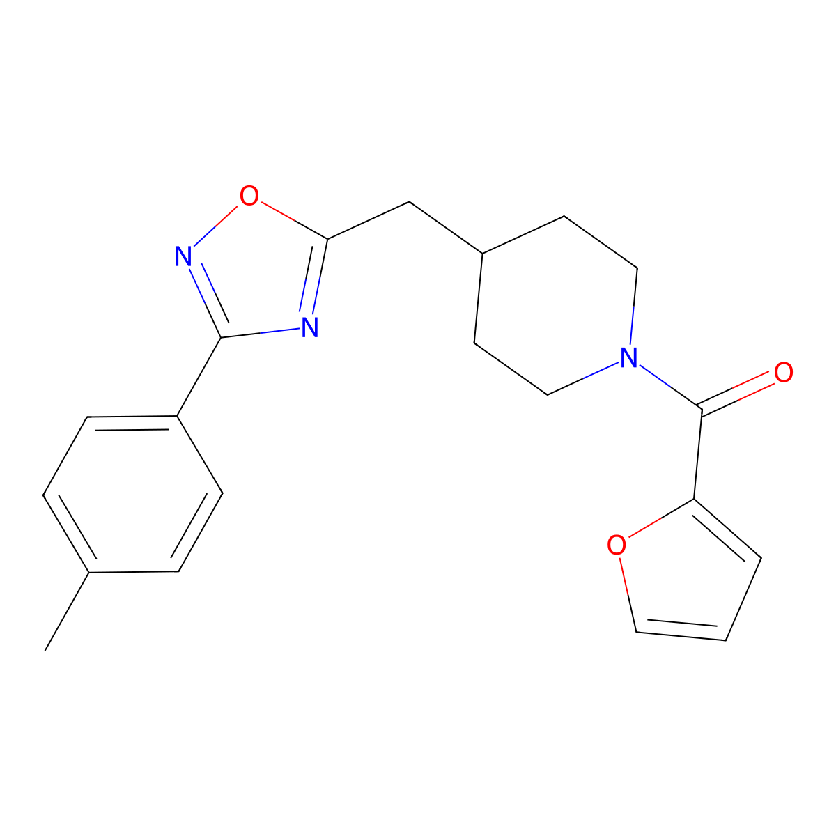 1-(Furan-2-carbonyl)-4-{[3-(4-methylphenyl)-1,2,4-oxadiazol-5-yl]methyl}piperidine molecular structure, CAS 2415540-83-7