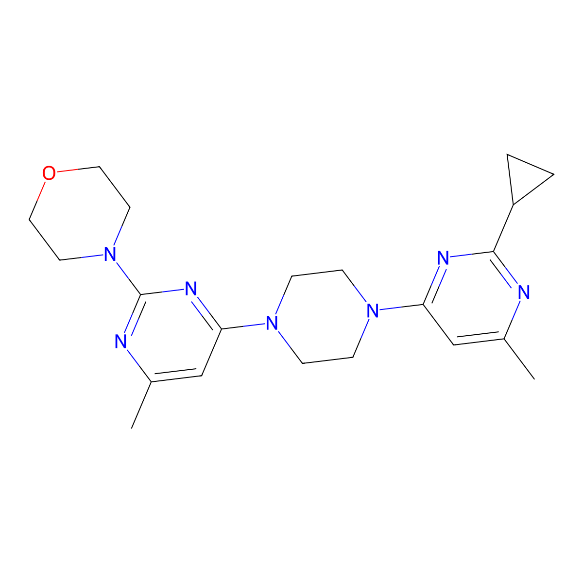 4-{4-[4-(2-Cyclopropyl-6-methylpyrimidin-4-yl)piperazin-1-yl]-6-methylpyrimidin-2-yl}morpholine molecular structure, CAS 2415541-05-6