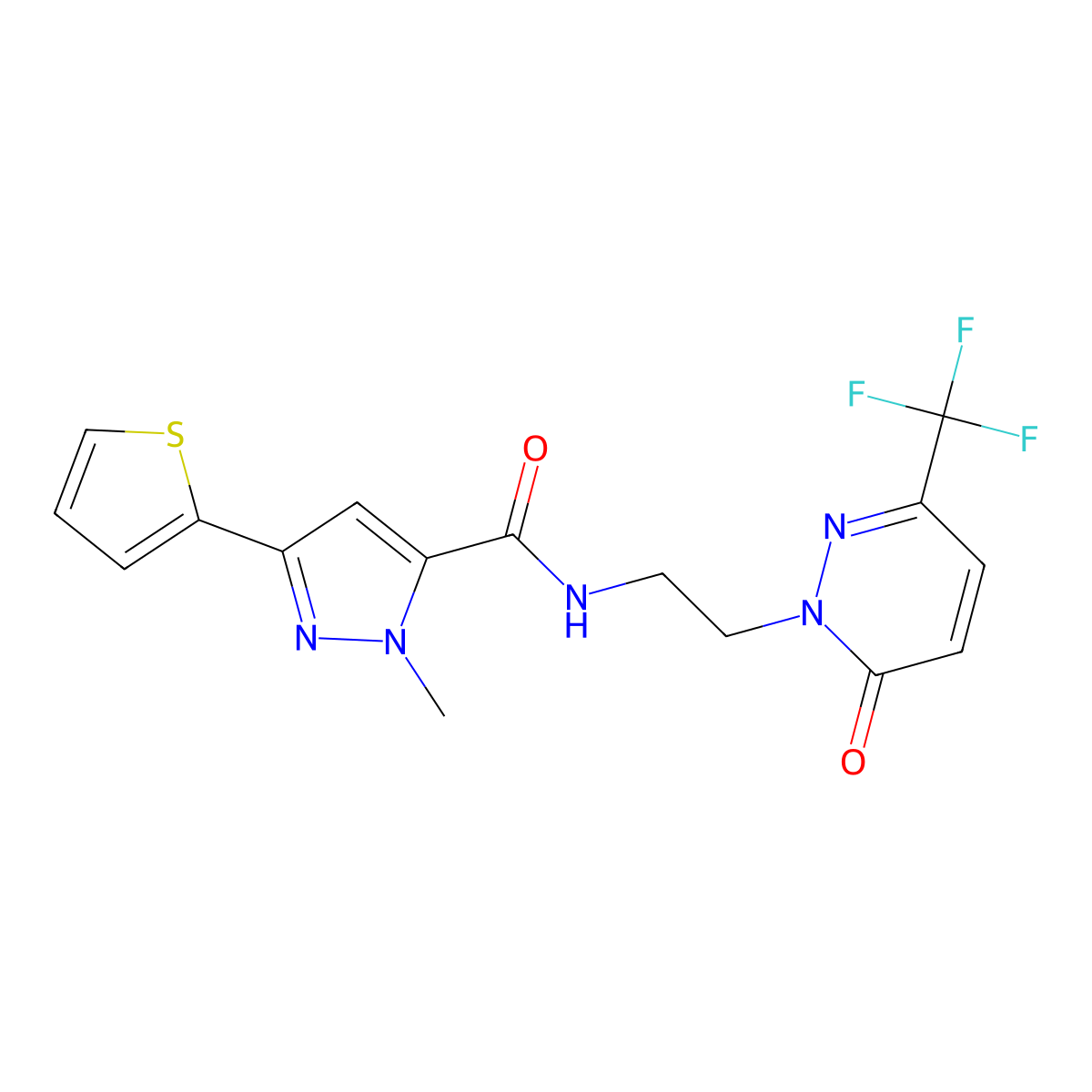 1-methyl-N-{2-[6-oxo-3-(trifluoromethyl)-1,6-dihydropyridazin-1-yl]ethyl}-3-(thiophen-2-yl)-1H-pyrazole-5-carboxamide molecular structure, CAS 2415541-17-0