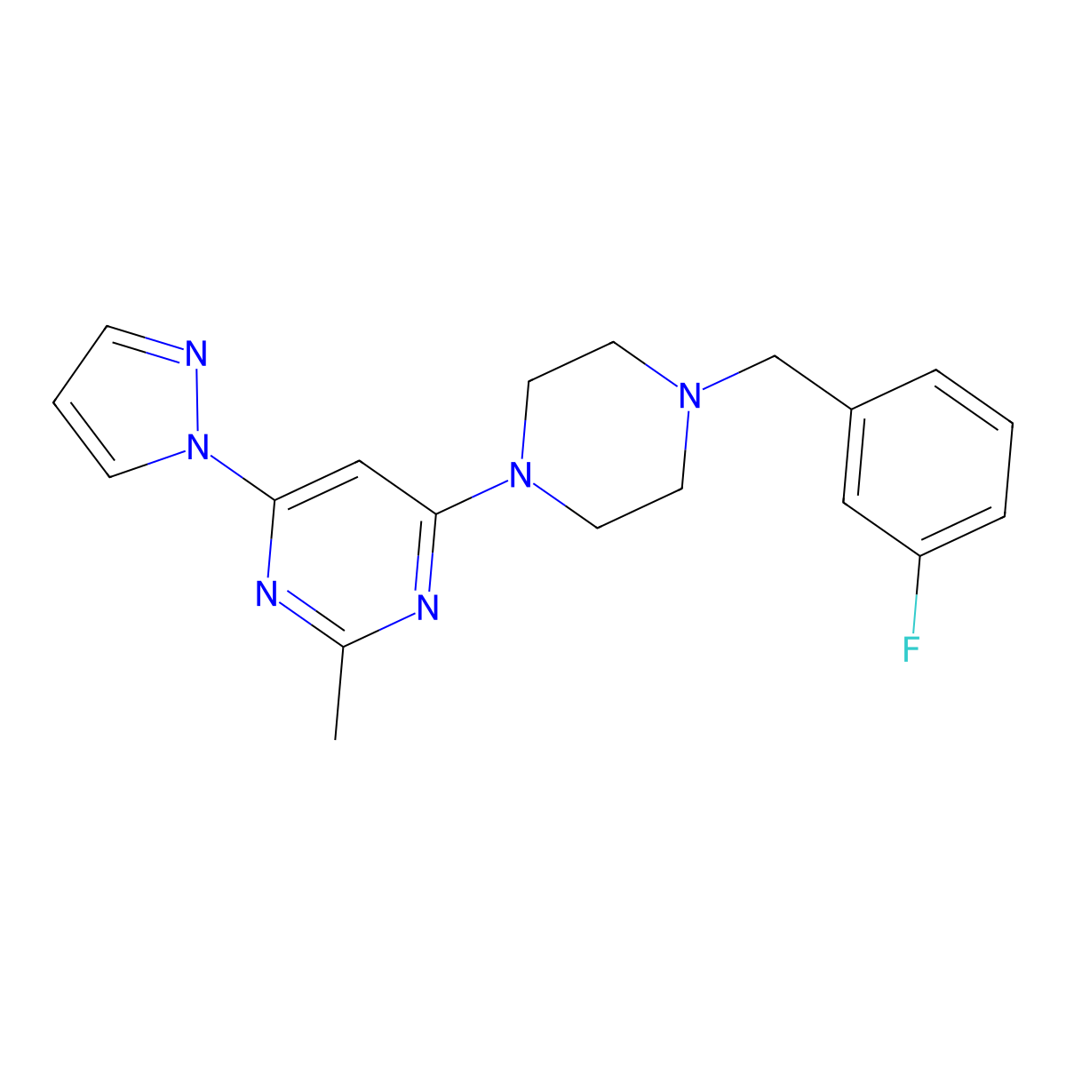 4-{4-[(3-fluorophenyl)methyl]piperazin-1-yl}-2-methyl-6-(1H-pyrazol-1-yl)pyrimidine molecular structure, CAS 2415541-22-7