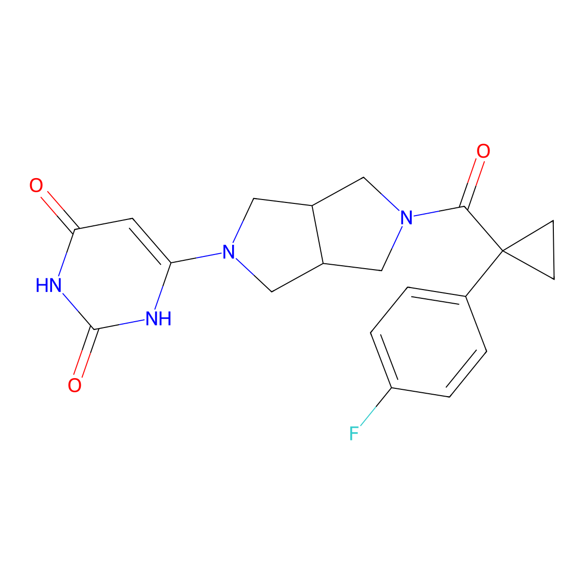 6-{5-[1-(4-Fluorophenyl)cyclopropanecarbonyl]-octahydropyrrolo[3,4-c]pyrrol-2-yl}-1,2,3,4-tetrahydropyrimidine-2,4-dione molecular structure, CAS 2415541-25-0