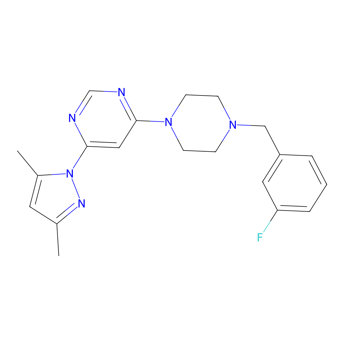 4-(3,5-dimethyl-1H-pyrazol-1-yl)-6-{4-[(3-fluorophenyl)methyl]piperazin-1-yl}pyrimidine molecular structure, CAS 2415541-29-4