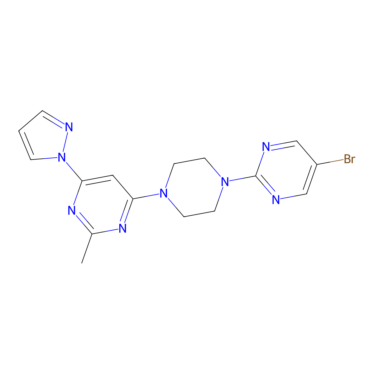 4-[4-(5-bromopyrimidin-2-yl)piperazin-1-yl]-2-methyl-6-(1H-pyrazol-1-yl)pyrimidine molecular structure, CAS 2415541-38-5