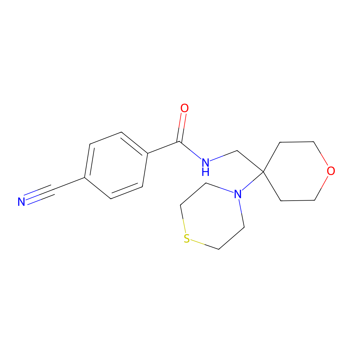 4-Cyano-N-[(4-thiomorpholin-4-yloxan-4-yl)methyl]benzamide molecular structure, CAS 2415541-39-6