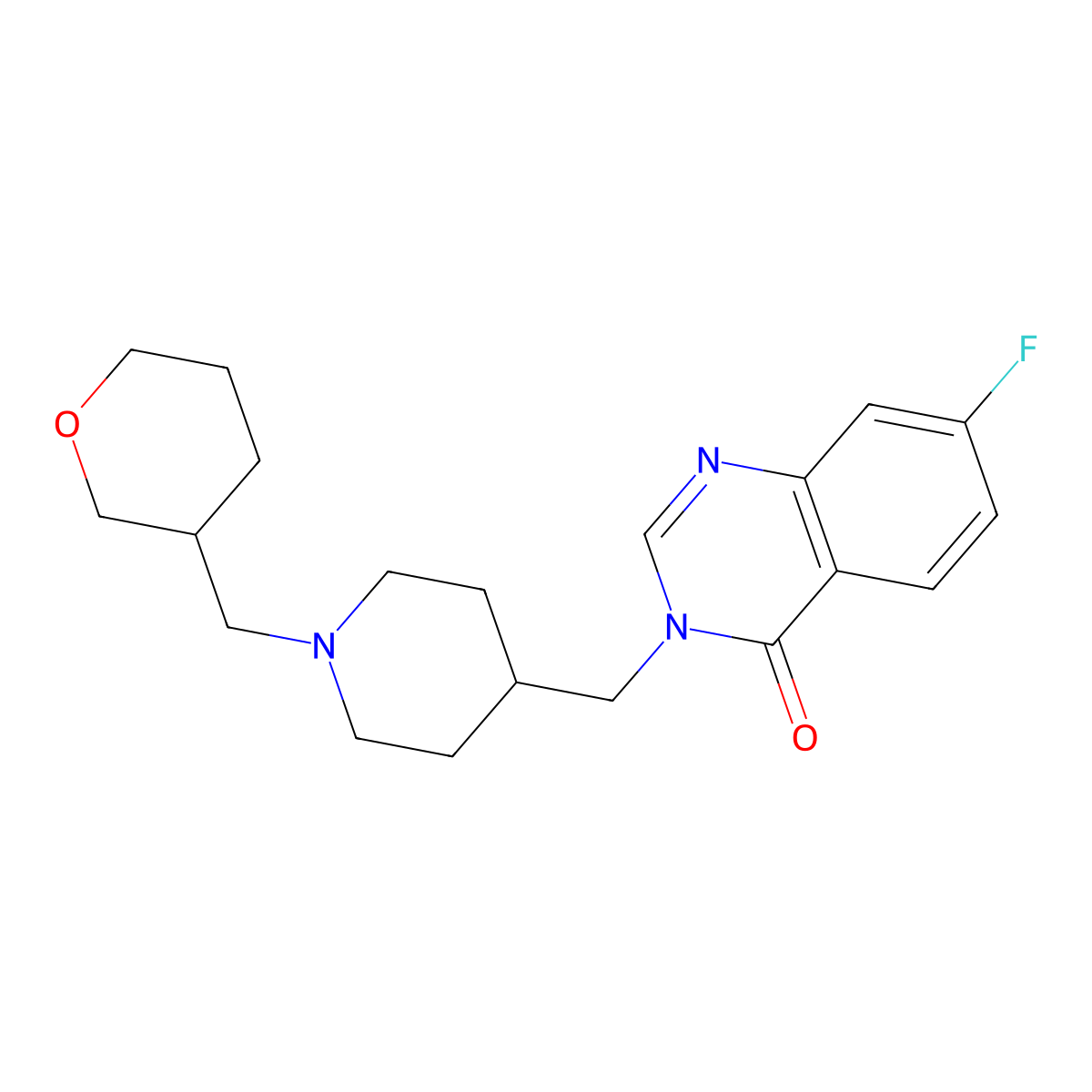 7-Fluoro-3-({1-[(oxan-3-yl)methyl]piperidin-4-yl}methyl)-3,4-dihydroquinazolin-4-one molecular structure, CAS 2415541-41-0
