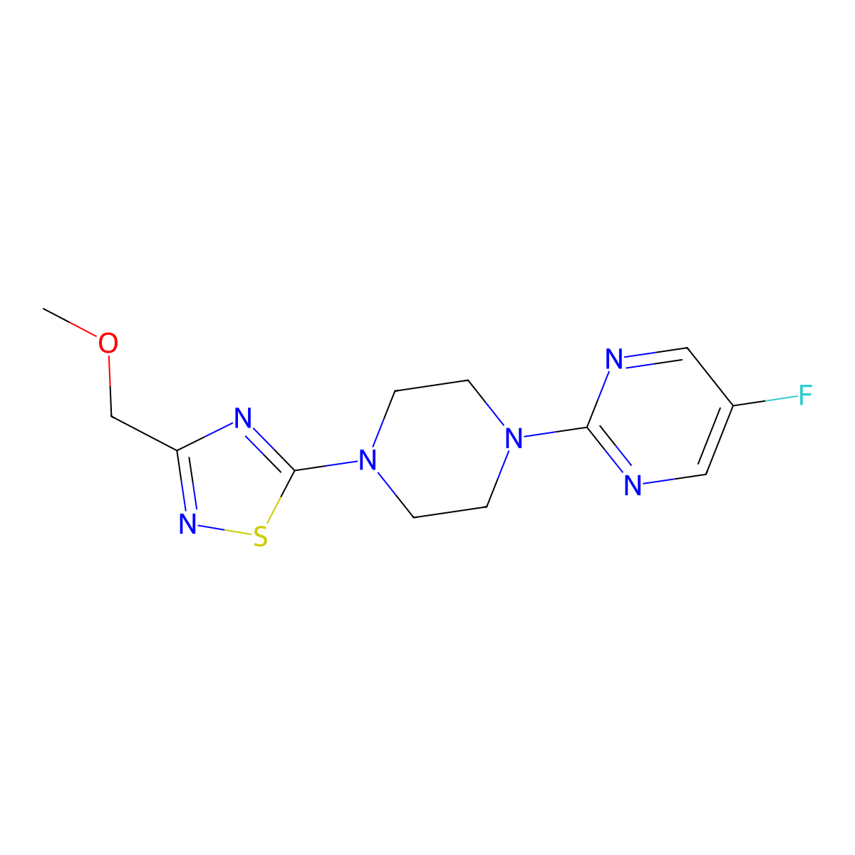 5-Fluoro-2-{4-[3-(methoxymethyl)-1,2,4-thiadiazol-5-yl]piperazin-1-yl}pyrimidine molecular structure, CAS 2415541-47-6
