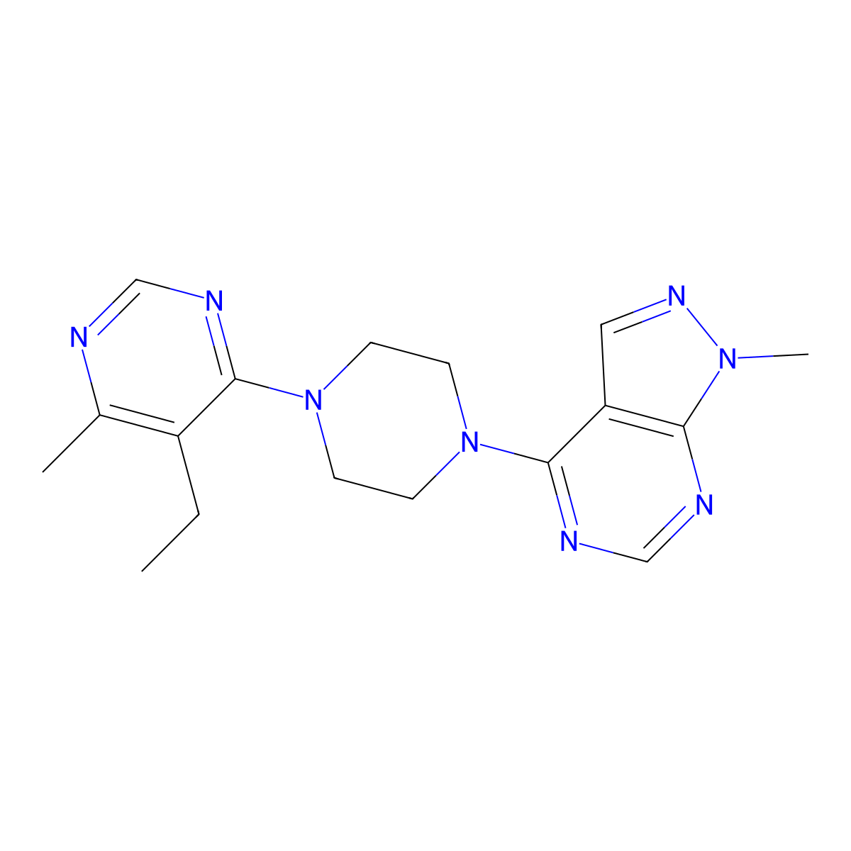 5-ethyl-4-methyl-6-(4-{1-methyl-1H-pyrazolo[3,4-d]pyrimidin-4-yl}piperazin-1-yl)pyrimidine molecular structure, CAS 2415541-60-3