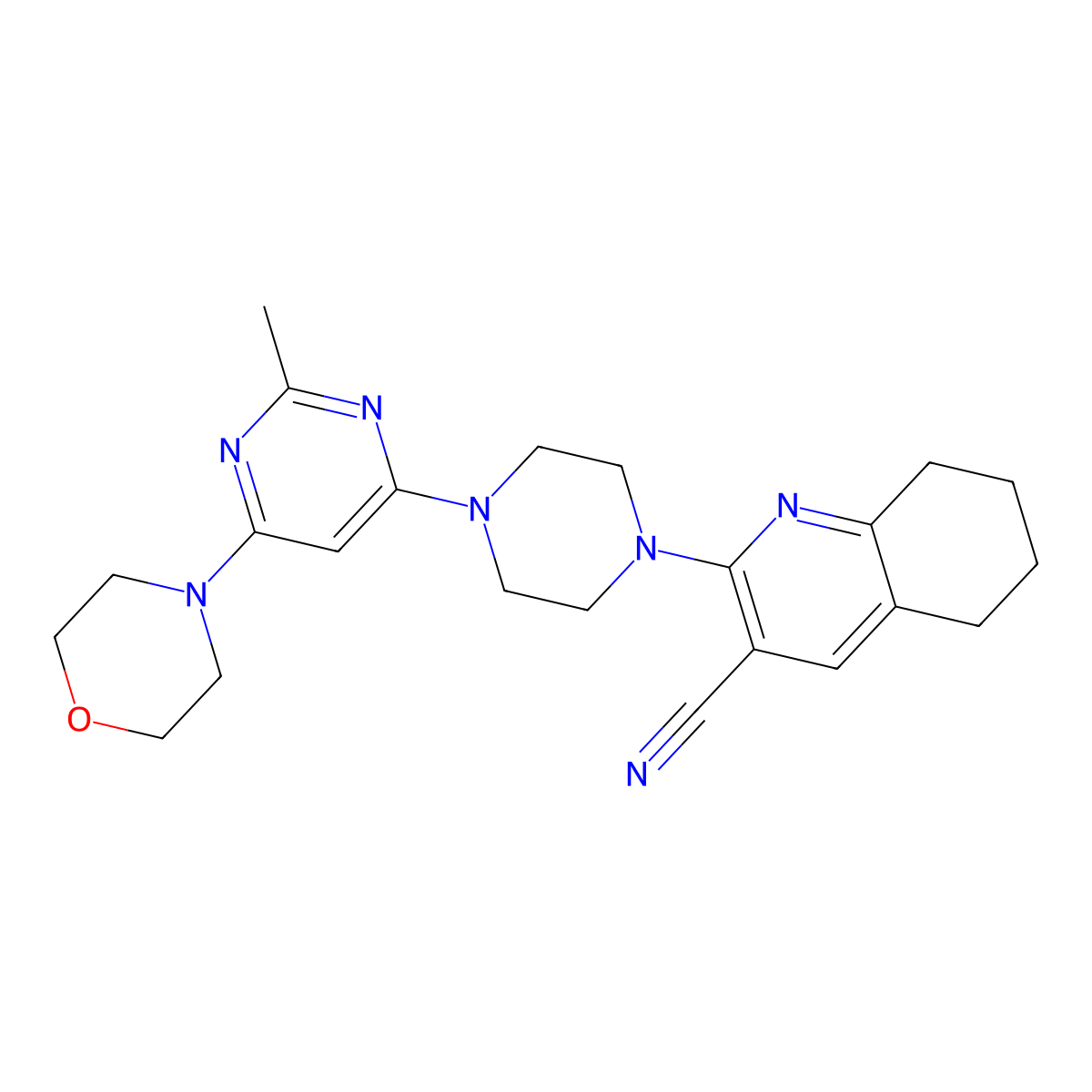 2-{4-[2-Methyl-6-(morpholin-4-yl)pyrimidin-4-yl]piperazin-1-yl}-5,6,7,8-tetrahydroquinoline-3-carbonitrile molecular structure, CAS 2415541-64-7