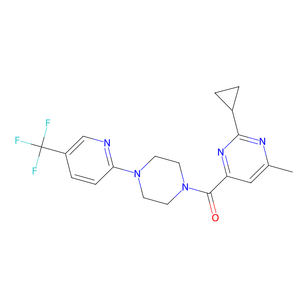 2-Cyclopropyl-4-methyl-6-{4-[5-(trifluoromethyl)pyridin-2-yl]piperazine-1-carbonyl}pyrimidine molecular structure, CAS 2415541-66-9