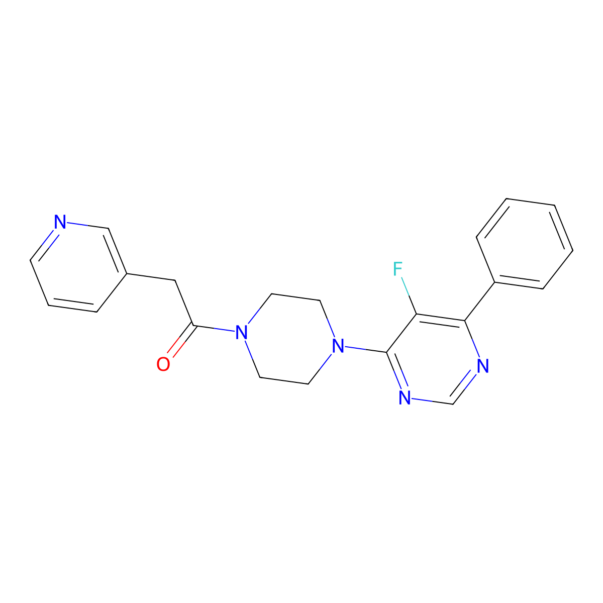 1-[4-(5-Fluoro-6-phenylpyrimidin-4-yl)piperazin-1-yl]-2-(pyridin-3-yl)ethan-1-one molecular structure, CAS 2415541-70-5