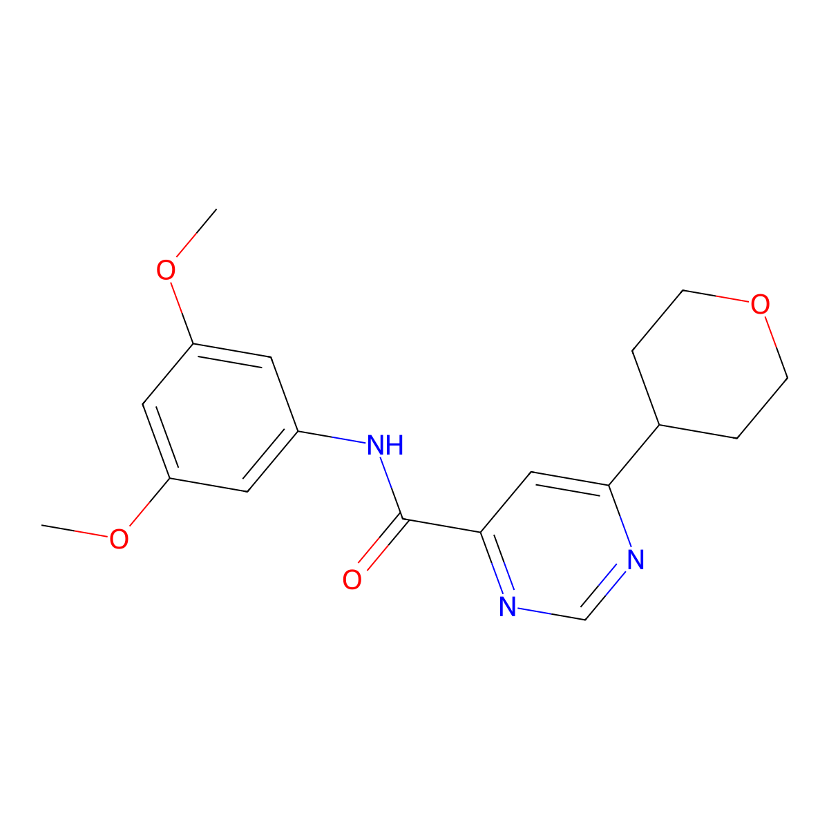 N-(3,5-Dimethoxyphenyl)-6-(oxan-4-yl)pyrimidine-4-carboxamide molecular structure, CAS 2415541-73-8
