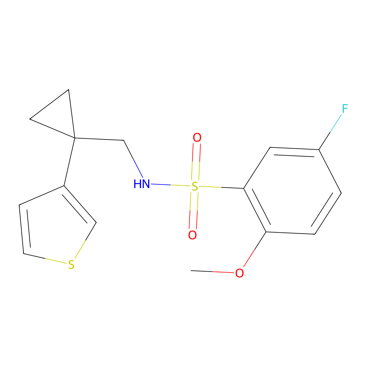 5-fluoro-2-methoxy-N-{[1-(thiophen-3-yl)cyclopropyl]methyl}benzene-1-sulfonamide molecular structure, CAS 2415541-75-0