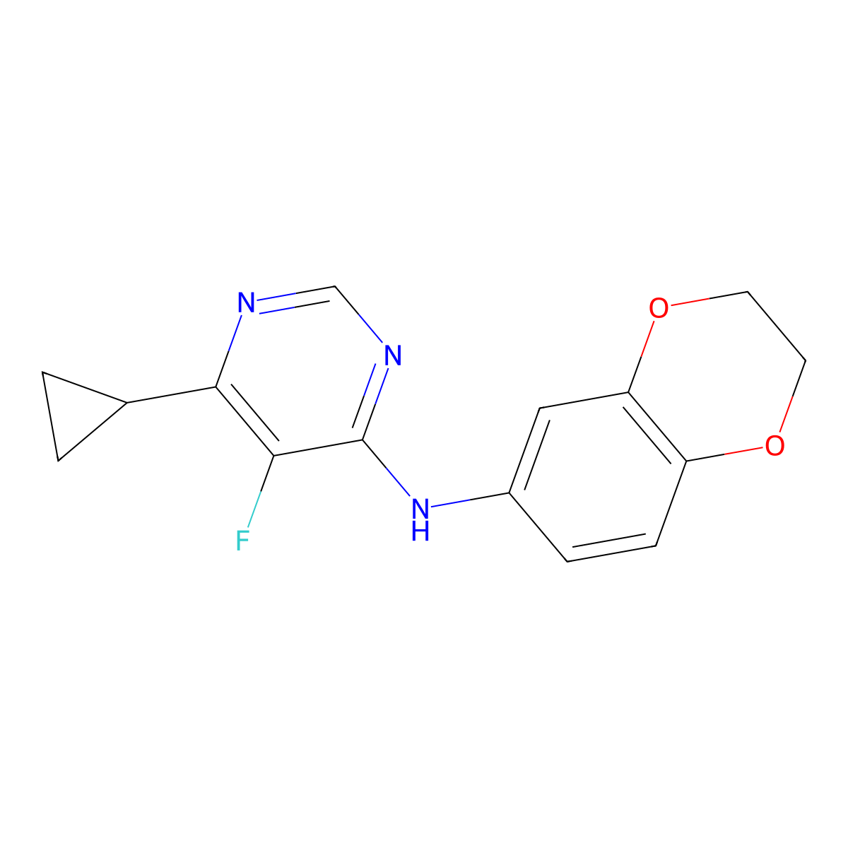 6-Cyclopropyl-N-(2,3-dihydro-1,4-benzodioxin-6-yl)-5-fluoropyrimidin-4-amine molecular structure, CAS 2415541-78-3