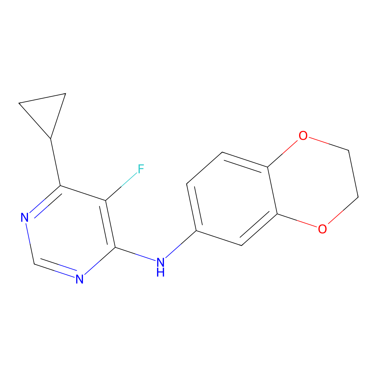 6-Cyclopropyl-N-(2,3-dihydro-1,4-benzodioxin-6-yl)-5-fluoropyrimidin-4-amine molecular structure, CAS 2415541-78-3