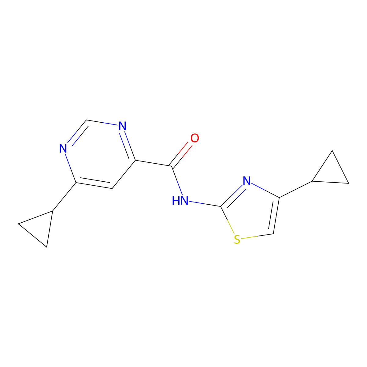 6-Cyclopropyl-N-(4-cyclopropyl-1,3-thiazol-2-yl)pyrimidine-4-carboxamide molecular structure, CAS 2415541-81-8