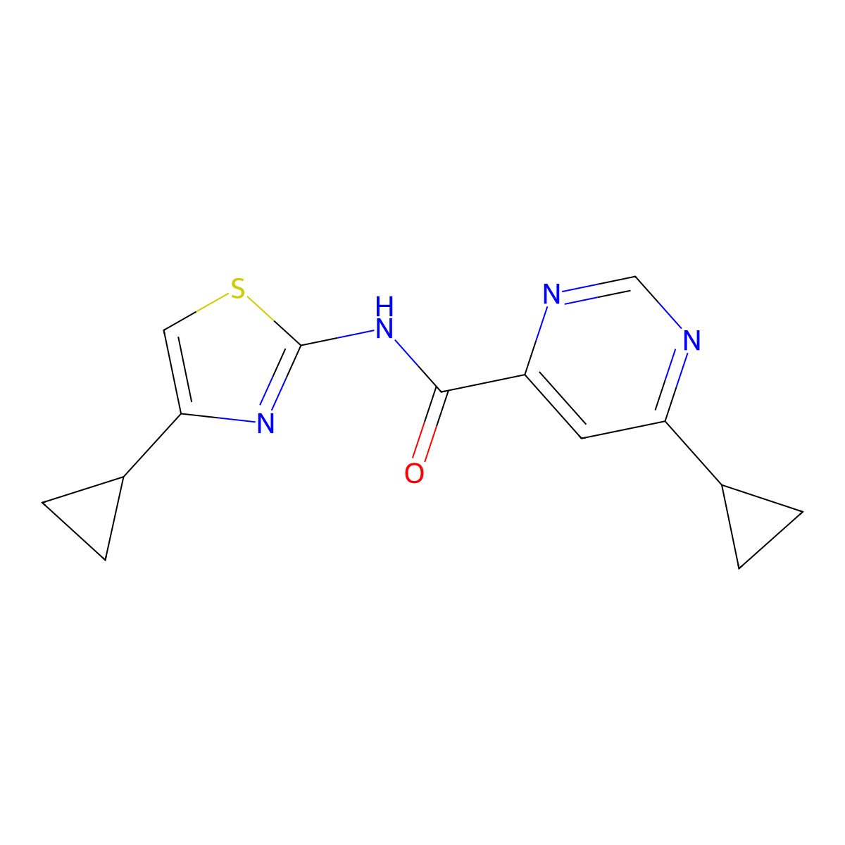6-Cyclopropyl-N-(4-cyclopropyl-1,3-thiazol-2-yl)pyrimidine-4-carboxamide molecular structure, CAS 2415541-81-8