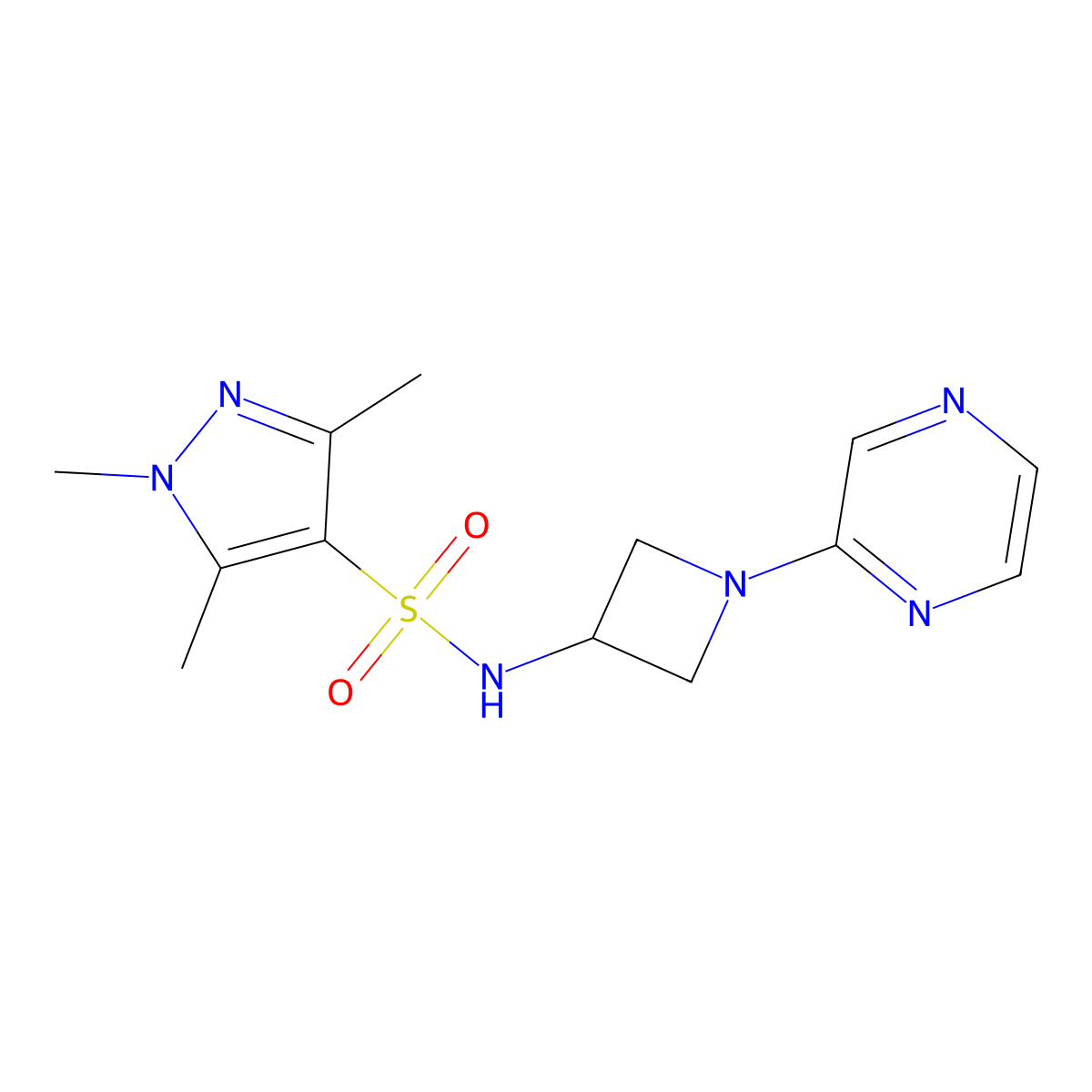 1,3,5-trimethyl-N-[1-(pyrazin-2-yl)azetidin-3-yl]-1H-pyrazole-4-sulfonamide molecular structure, CAS 2415541-83-0