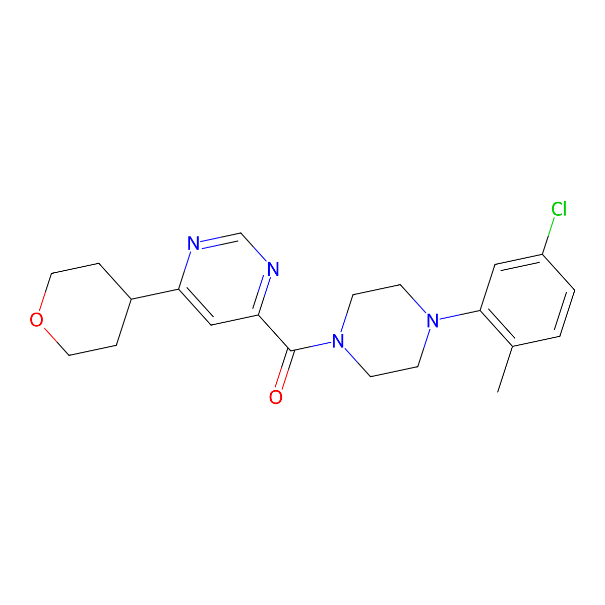 4-[4-(5-Chloro-2-methylphenyl)piperazine-1-carbonyl]-6-(oxan-4-yl)pyrimidine molecular structure, CAS 2415541-87-4