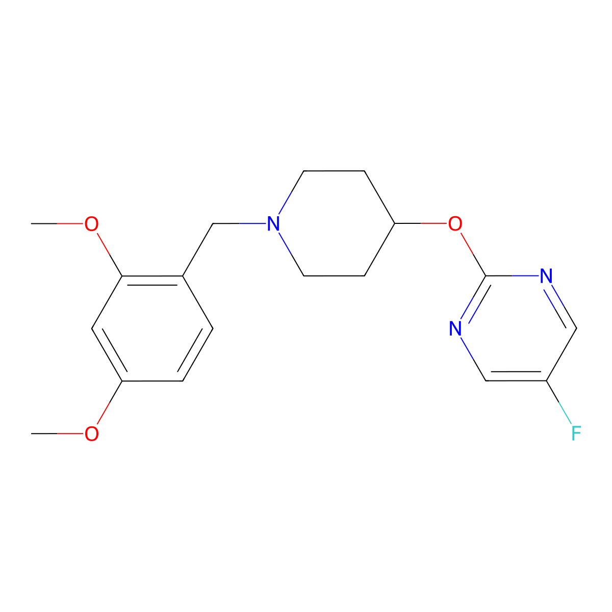 2-({1-[(2,4-Dimethoxyphenyl)methyl]piperidin-4-yl}oxy)-5-fluoropyrimidine molecular structure, CAS 2415541-91-0
